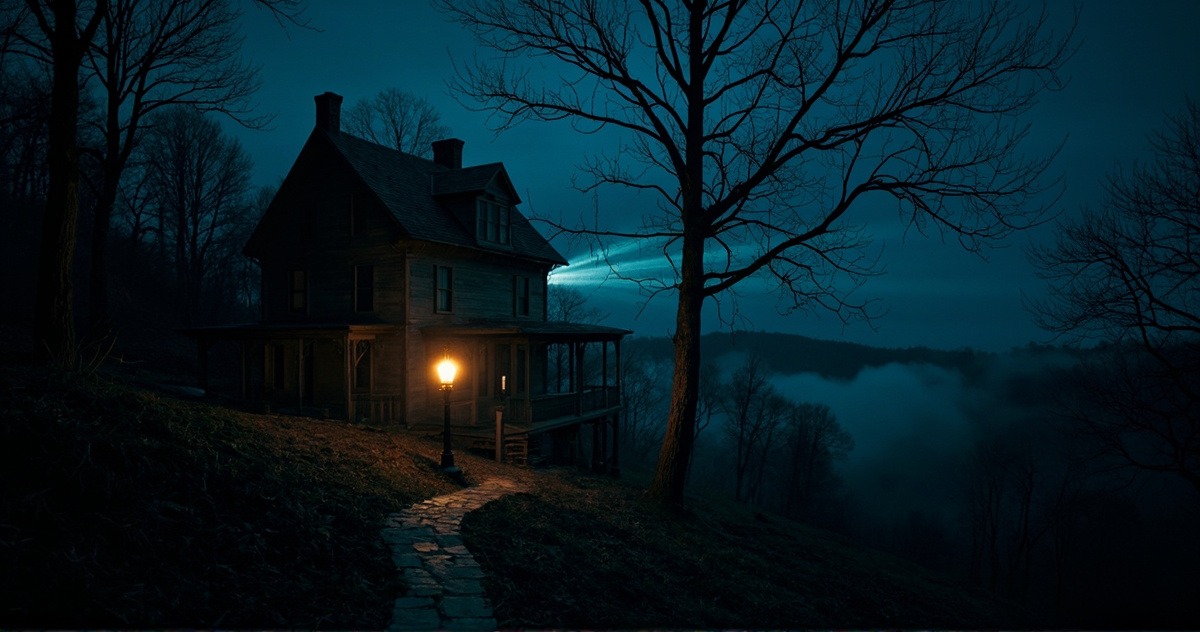 The house on the hilltop at dusk, one amber gas-lamp burning by the front path, fog filling the valley below
