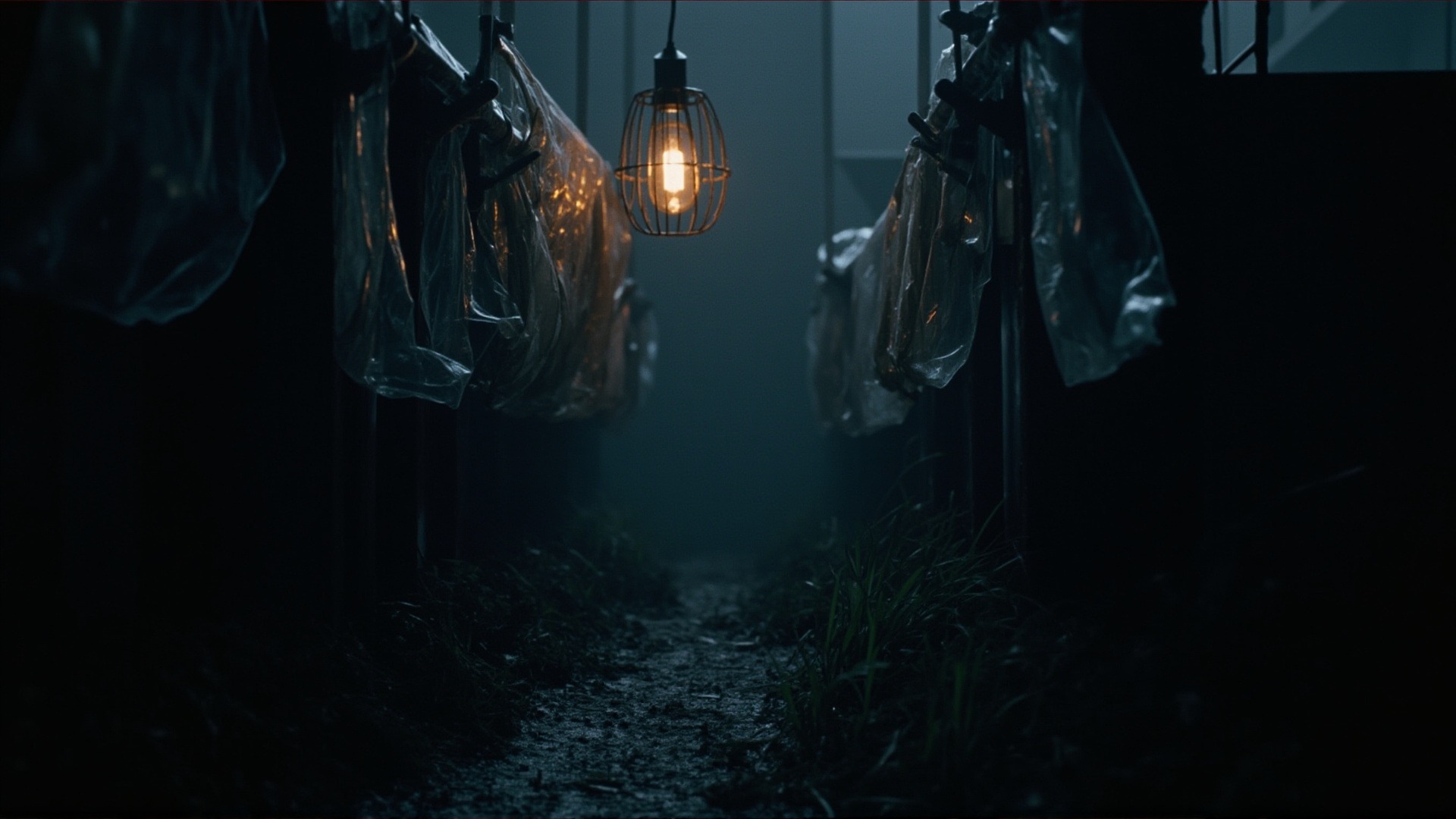 A narrow passage lined with hanging translucent plastic sheeting that sways, one caged bulb far down