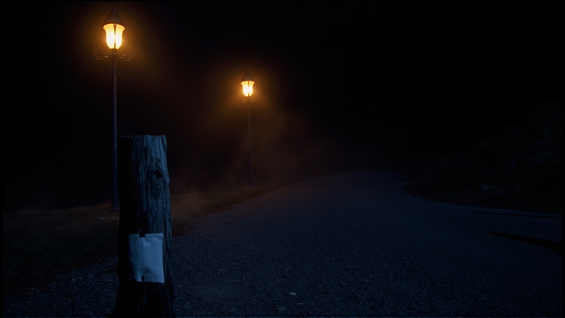 A gravel driveway climbing a hillside, lined with iron gas-lamps throwing amber light into fog