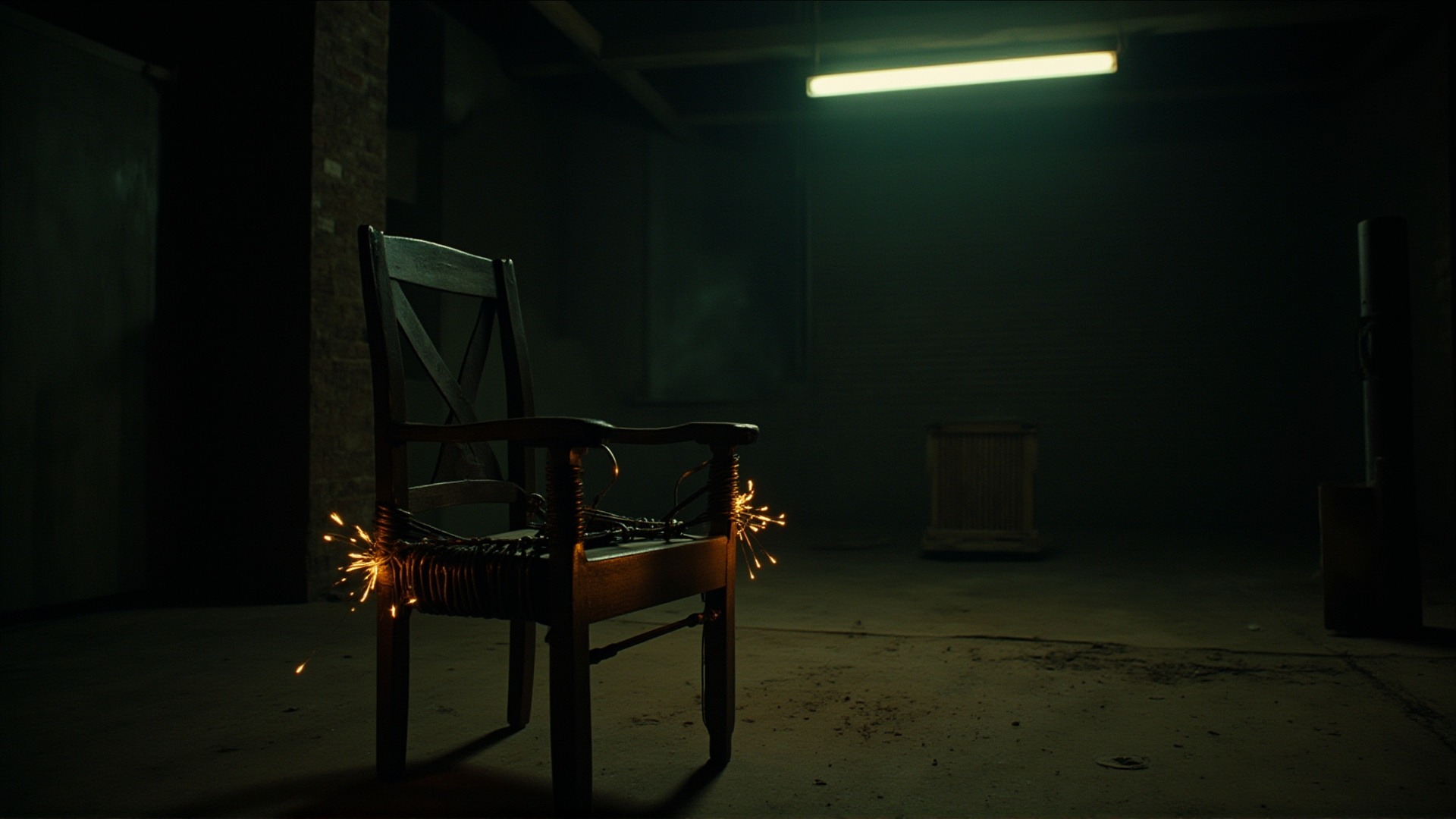 A wooden chair with coils and wires around its armrests in a bare brick garage, sparks jumping