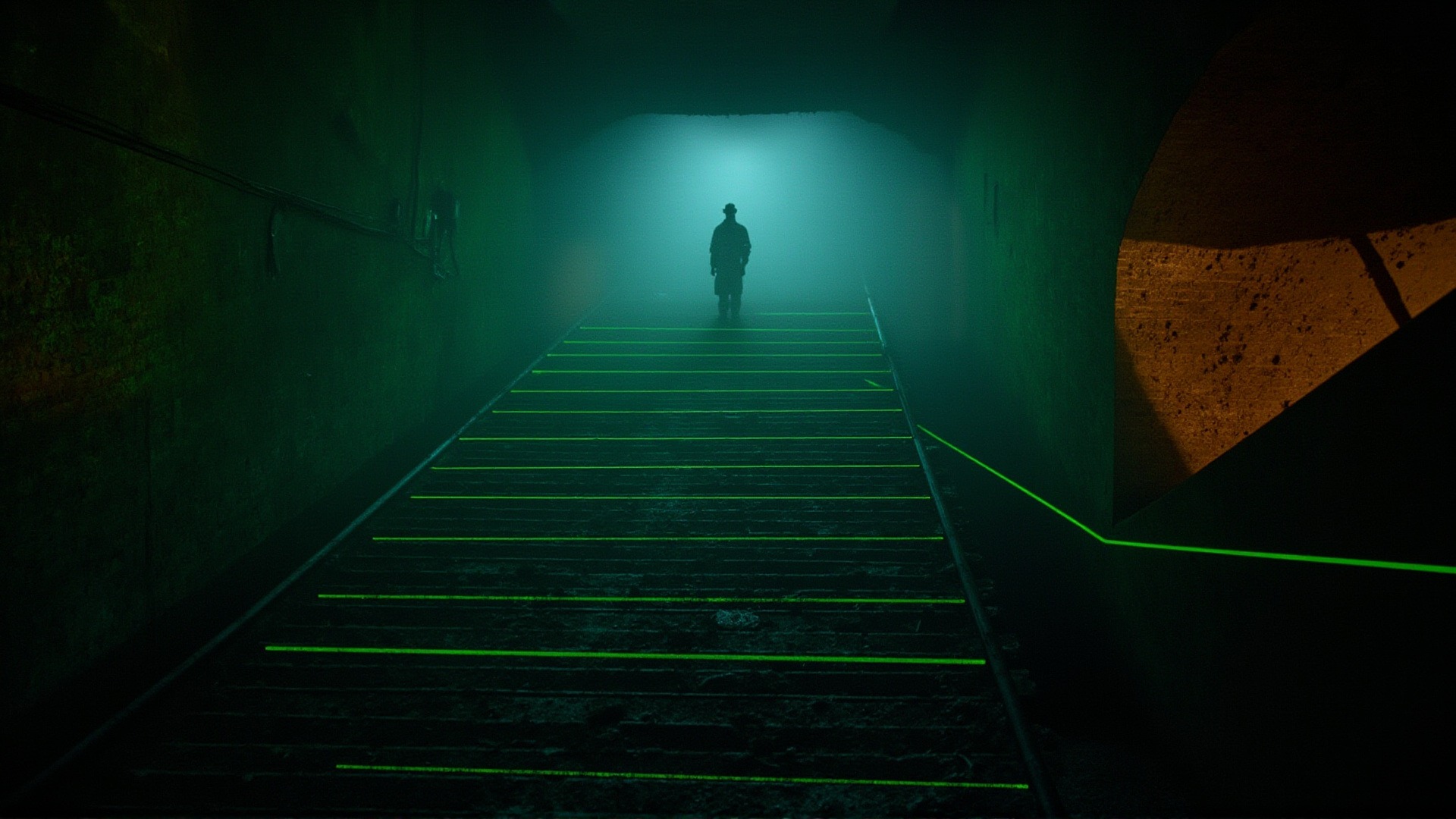 Thick green fog, a grid of laser lines projecting inclined-rail tracks up the walls, a figure in white at the far end
