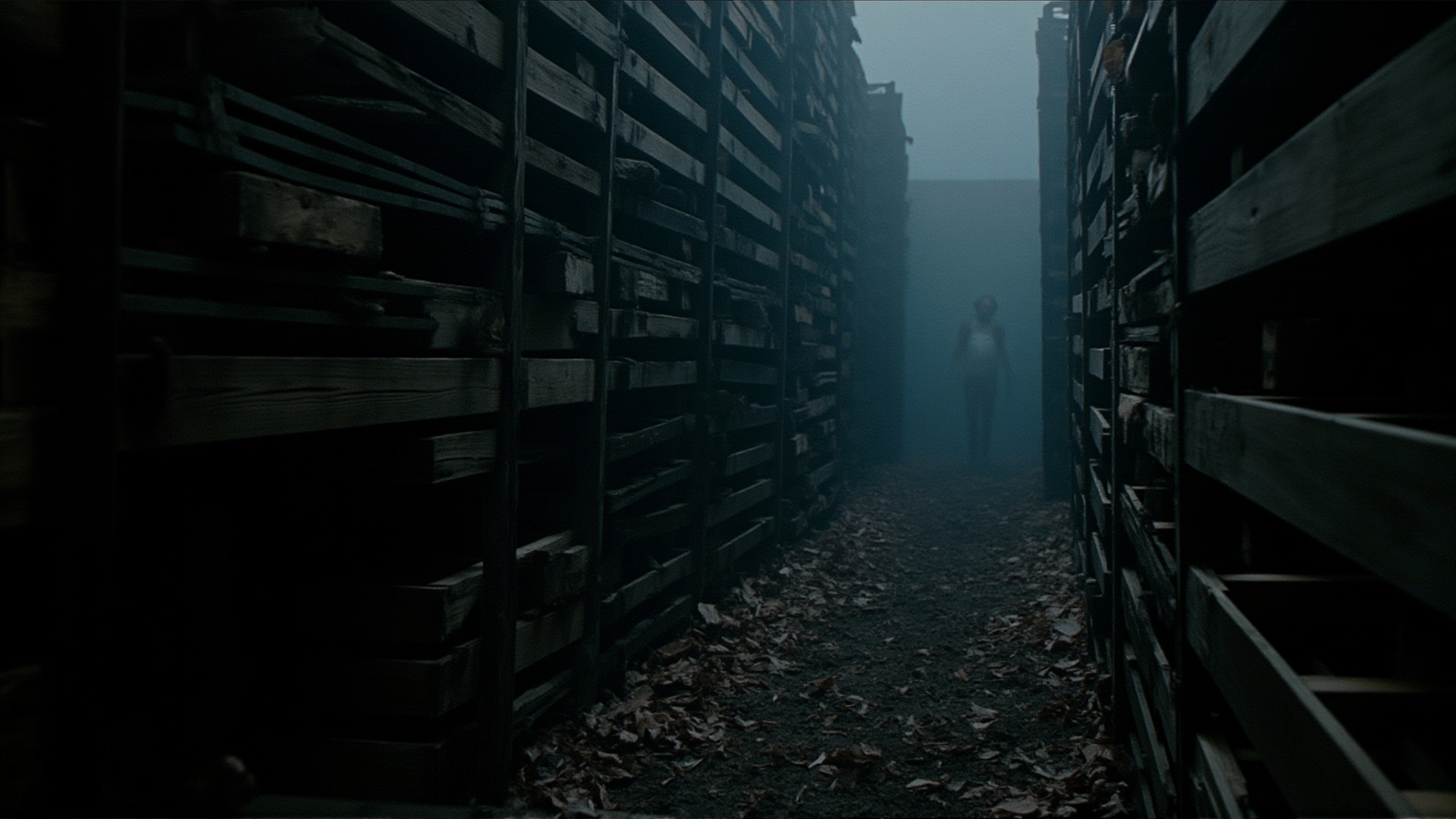A maze of stacked wooden pallets at night, harsh strobing light, leaves skittering, fog