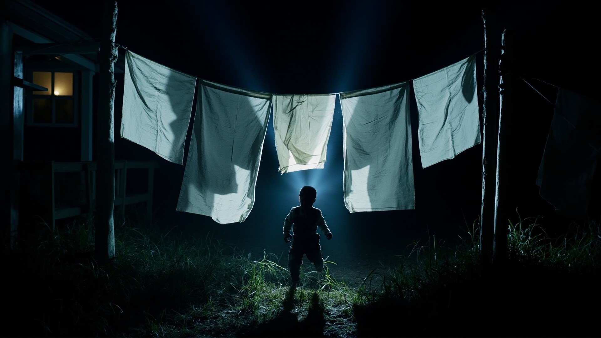 Large white sheets hanging on a line in a night backyard, a flashlight beam cutting through, a shape between them