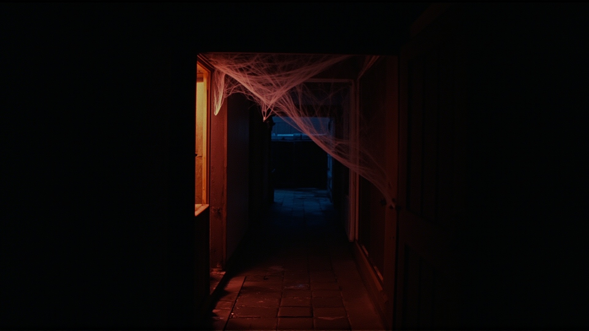A narrow corridor between a house and a garage, heavy cobwebs hanging low, red light at the far end