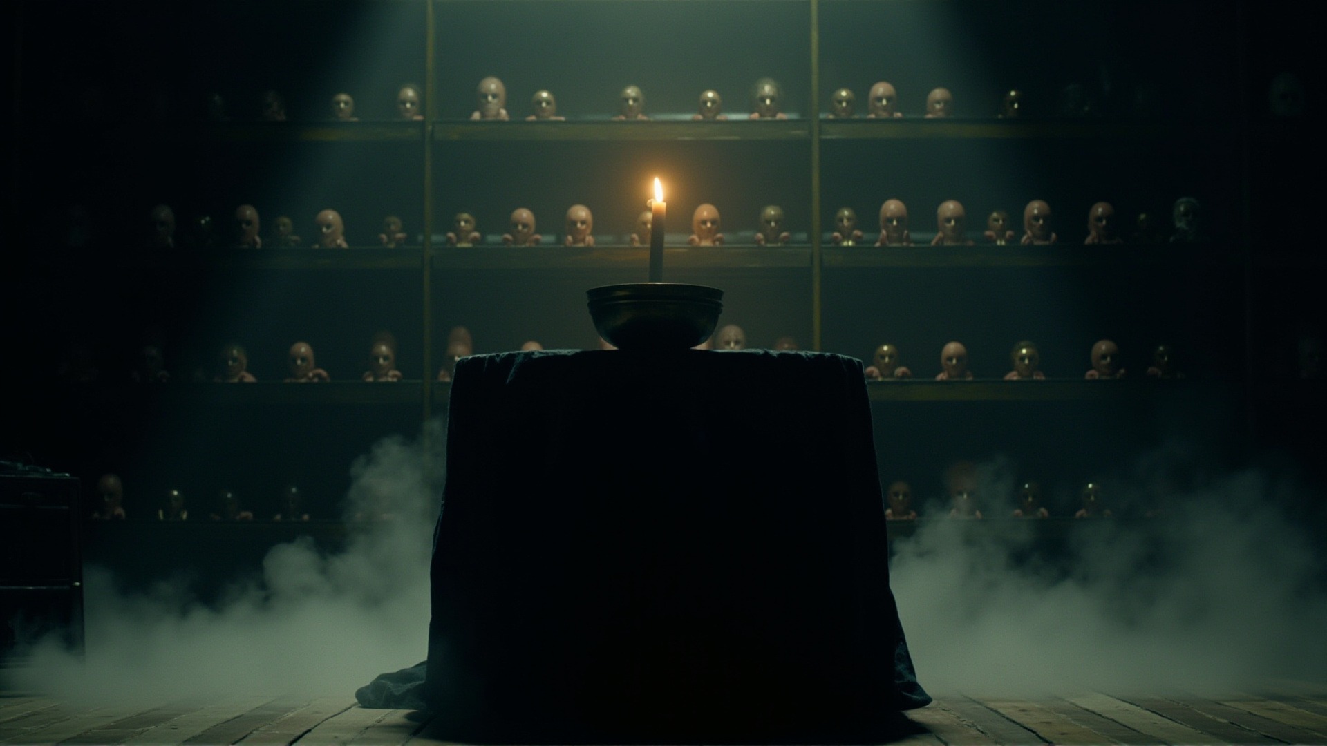 A fortune-teller's parlour: a draped table, a brass bowl, low fog, shelves crowded with antique dolls